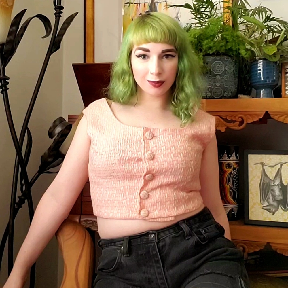Vintage 50s Pink Woven Button Up Crop Top - Picture 1 of 6